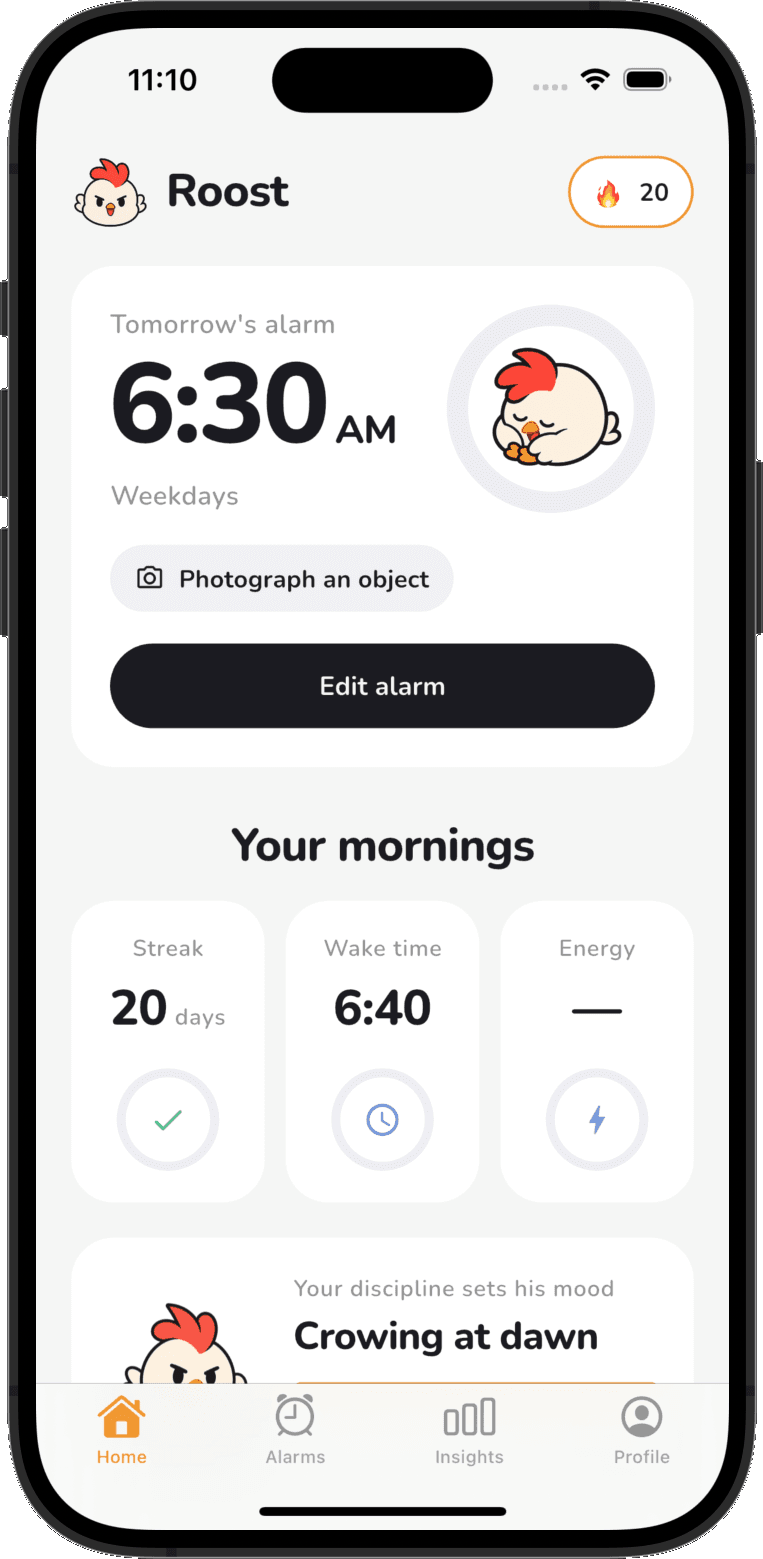 Captura de la pantalla de inicio de la app Roost, mostrando la alarma de mañana a las 6:30 y una racha de 20 días
